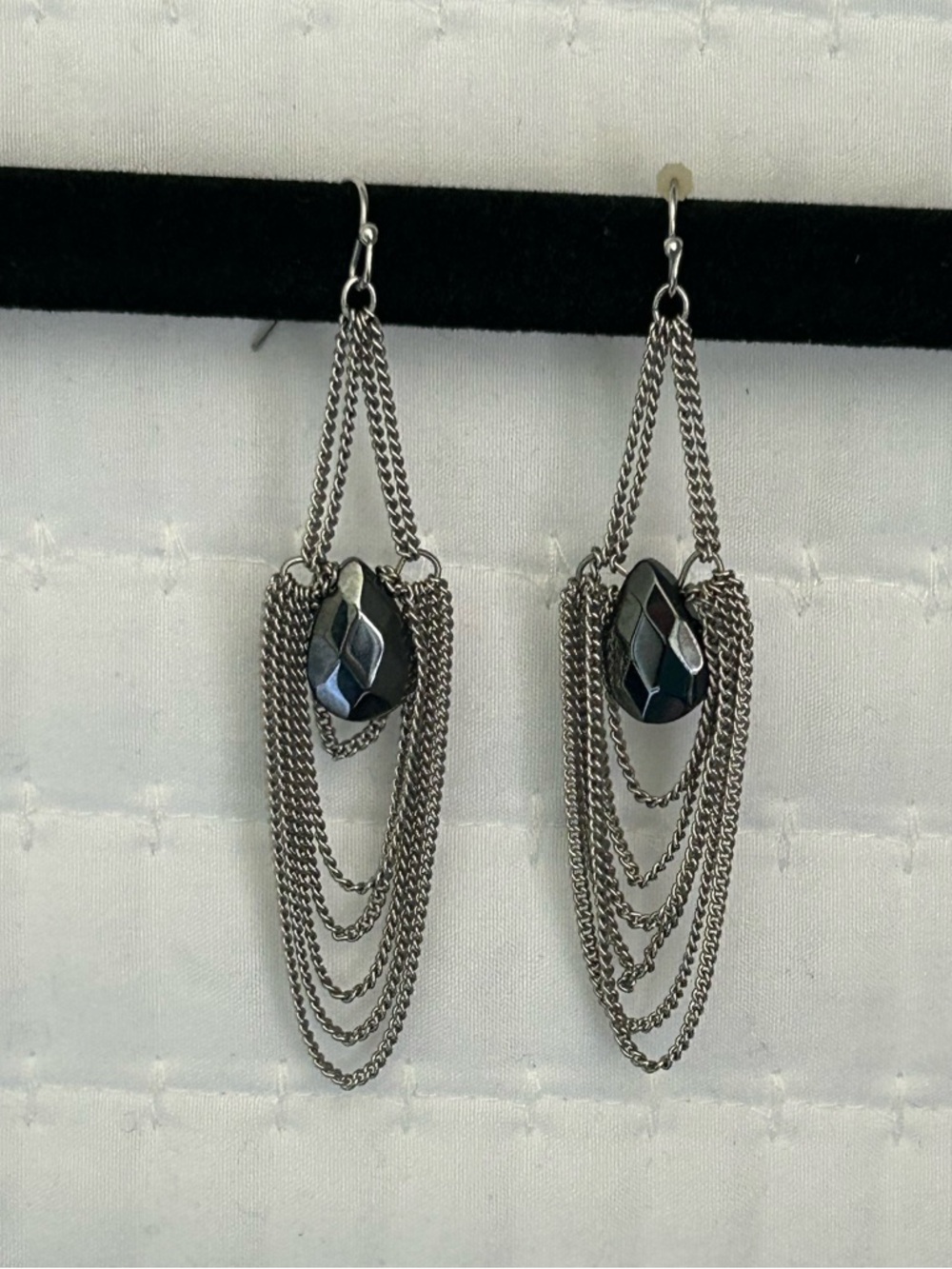 Silver-Tone Layered Chain Drop Earrings with Hematite Bead